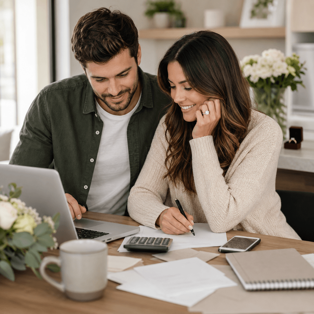 Newly engaged couple reviewing wedding finances at a laptop