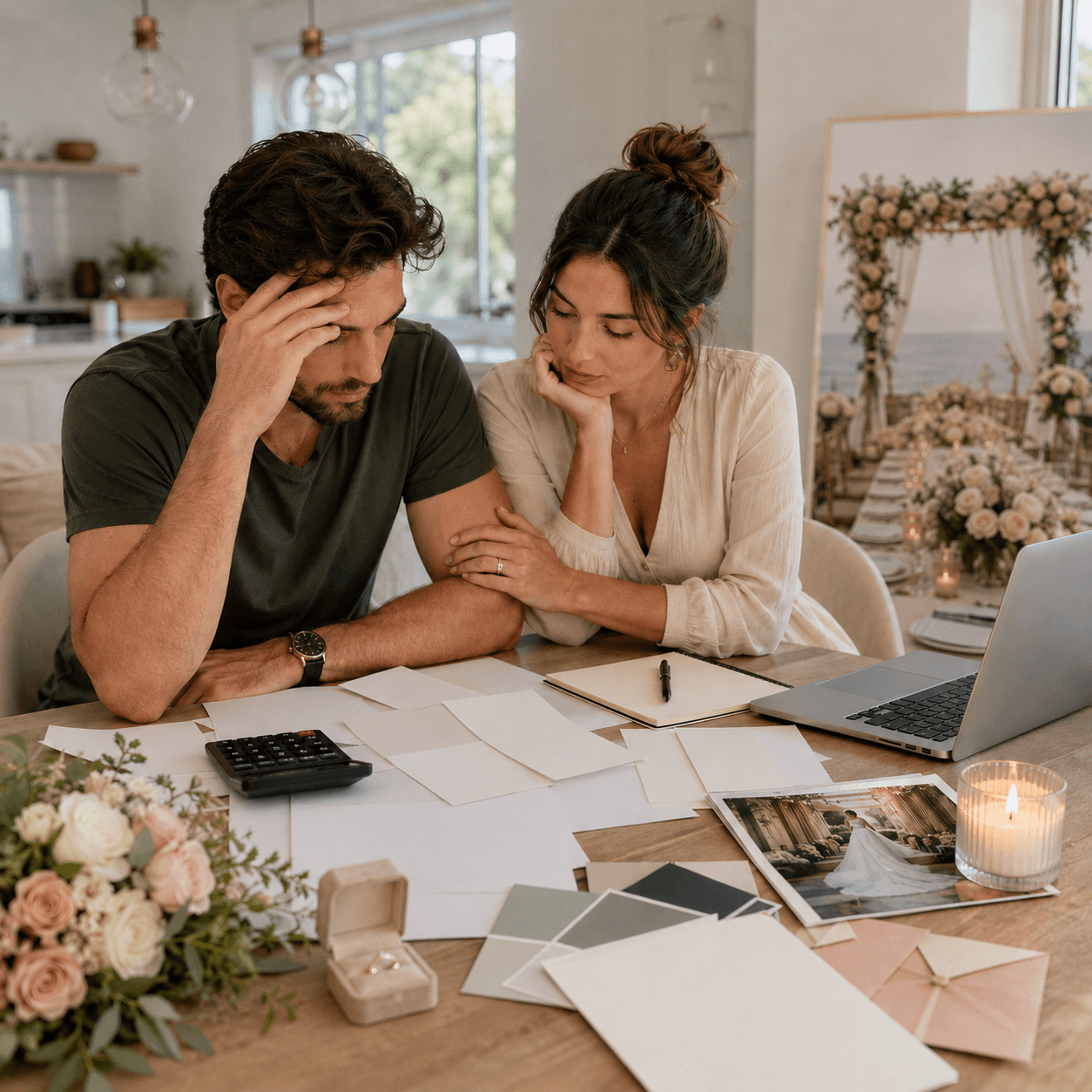 Engaged couple reviewing wedding costs beside a laptop and calculator